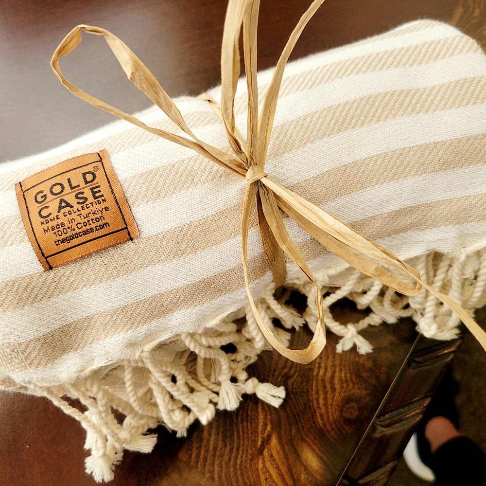 Gold Case Tan and White Striped Turkish Quick Dry and Sand Free Towel